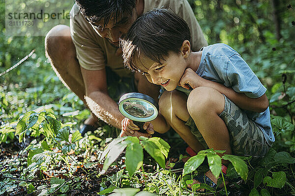 Father and son looking at plants through magnifying glass in forest