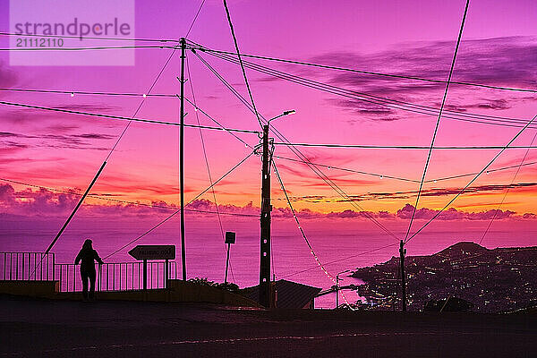 Scenic sunset with purple sky over Funchal  Madeira  Portugal  with silhouette and telephone poles.