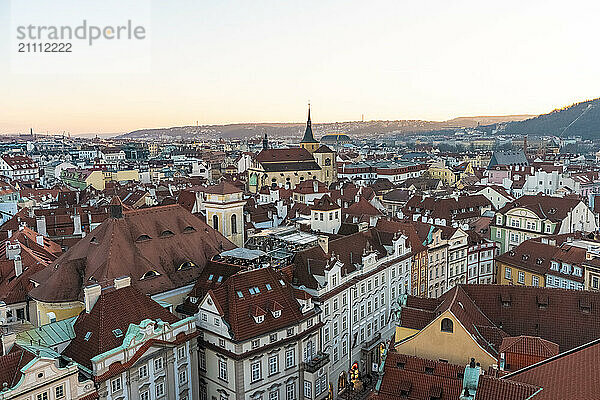 Cityscape of the old city of Prague by sunset blue hour  Prague  Czech Republic  nobody