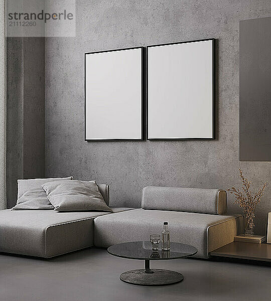 Modern gray interior with a sofa  coffee table  and mockup poster frames  3D rendering.