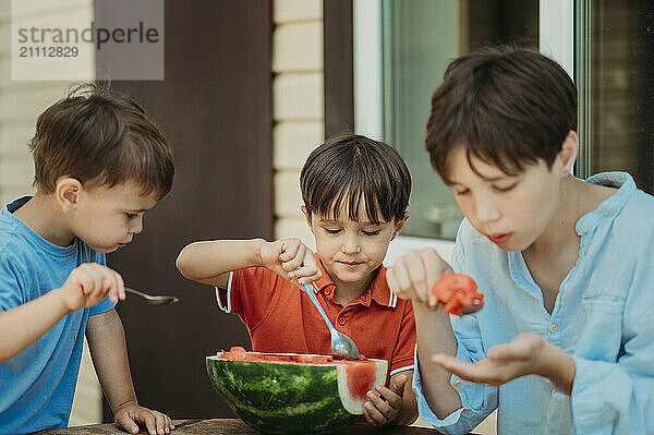 Boys eating watermelon with spoon in back yard