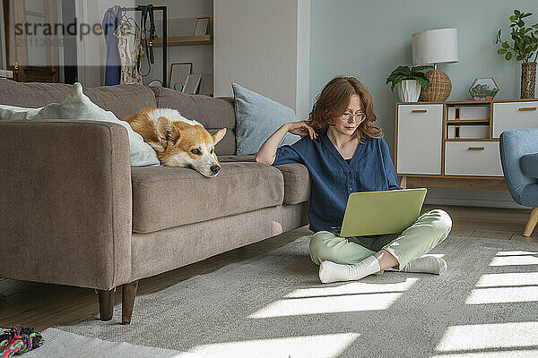 Freelancer working on laptop sitting by pet dog in living room