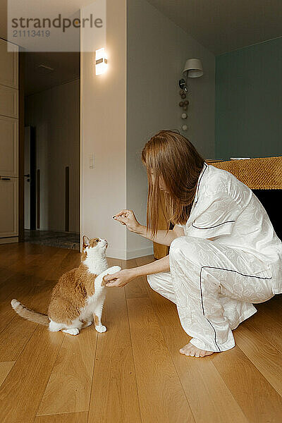 Cat giving paw to woman at home