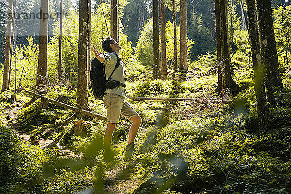 Hiker with arms outstretched standing in forest