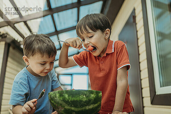 Boy standing near brother eating watermelon with spoon in back yard