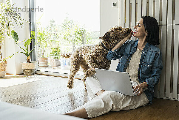 Happy woman working on laptop and sitting with dog at home