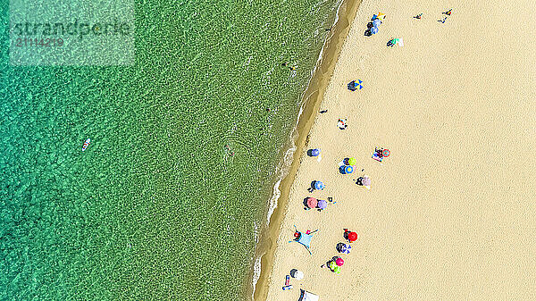 Drone view of beach with colorful umbrellas near green sea