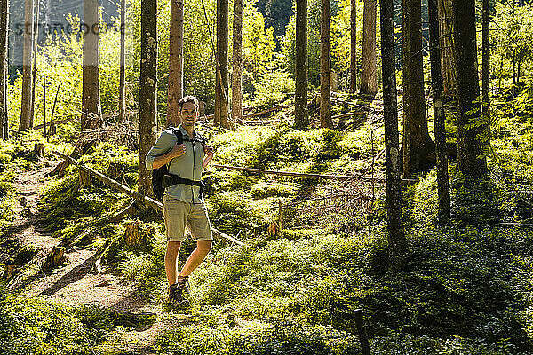 Hiker exploring in forest on sunny day