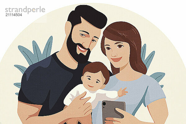 Happy family with child taking selfie over beige background