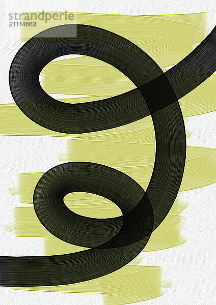 Abstract art featuring black ribbon-like lines swirling against a textured yellow and white background.