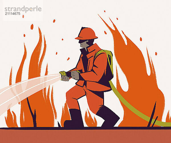 Firefighter battling a blaze with a hose in a stylized illustration.