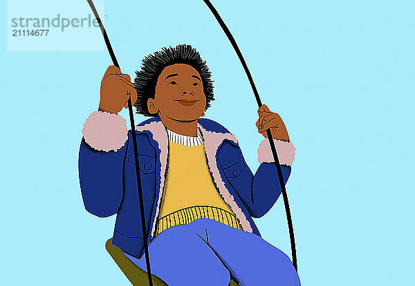 Smiling child enjoys a swing ride against a blue background.