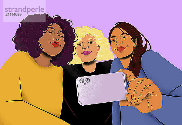 Three women taking a selfie together with a smartphone against a purple background.