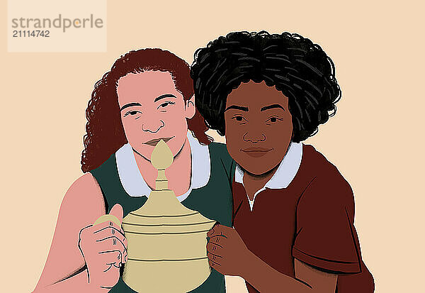 Two smiling teenagers engaging in a pottery class  collaboratively shaping a clay pot on a beige background.