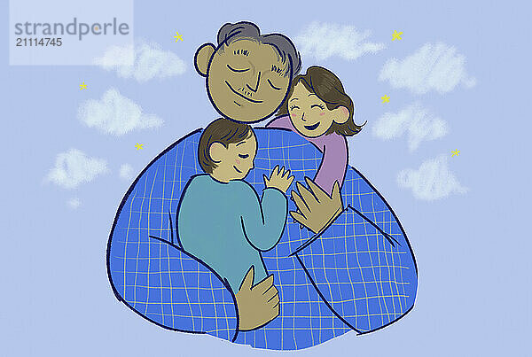 Elderly man embraces a child while a woman leans on his shoulder  all three smiling contently against a blue background with illustrated clouds and stars.