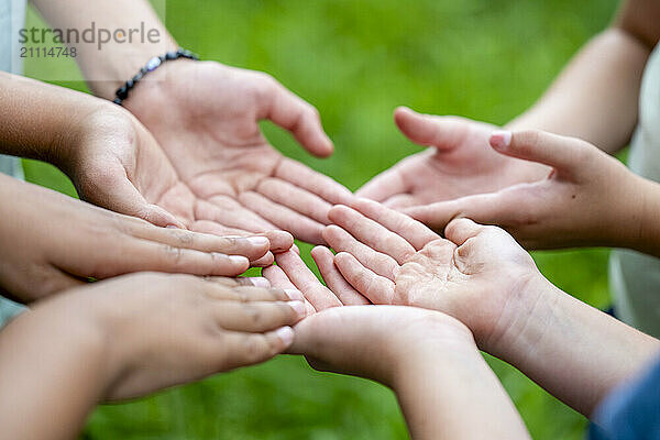 Open hands of several individuals outstretched towards each other against a green blurred background.