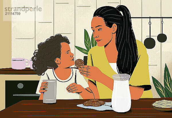 Mother and child enjoying cookies and milk in a cozy kitchen setting.