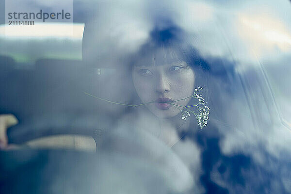 A woman with a flower in her mouth is seen through a foggy car window  giving a dreamy  contemplative vibe.