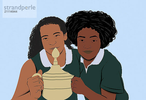 Two smiling young girls hold an ornamental pottery piece together against a light blue background.