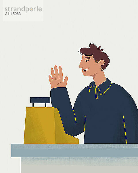 Smiling man waving hello with shopping bags on the counter in a minimalist style illustration.