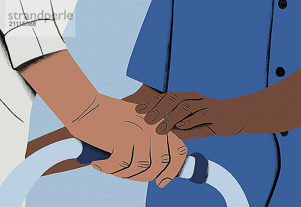 Close-up illustration of a handshake between two people dressed in business attire.