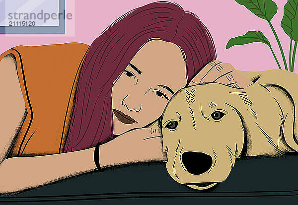 A woman rests her head on her arm while lovingly gazing at a golden retriever beside her.