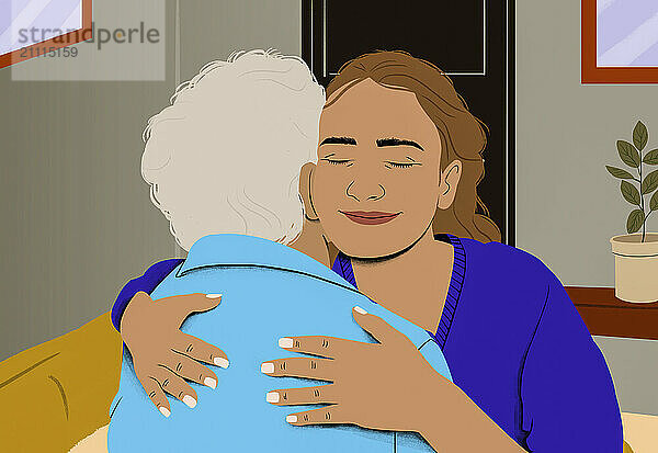 A young woman with brown hair embraces an elderly person with gray hair in a comforting hug.