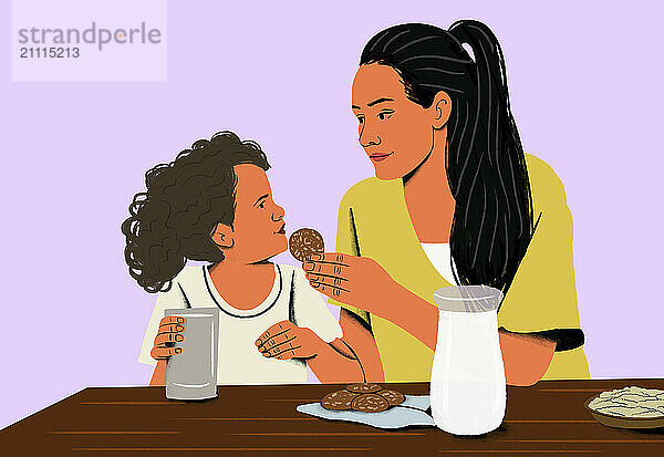 Mother and child enjoying cookies and milk at a table with a glass jug.