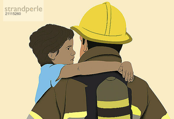 Child in a blue shirt embraces a firefighter from behind  showing a moment of comfort and safety.