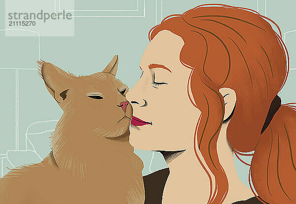 Redheaded woman affectionately rubs noses with her orange cat at home.