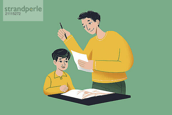 Adult man helping a young boy with his homework  both smiling and wearing matching yellow shirts.