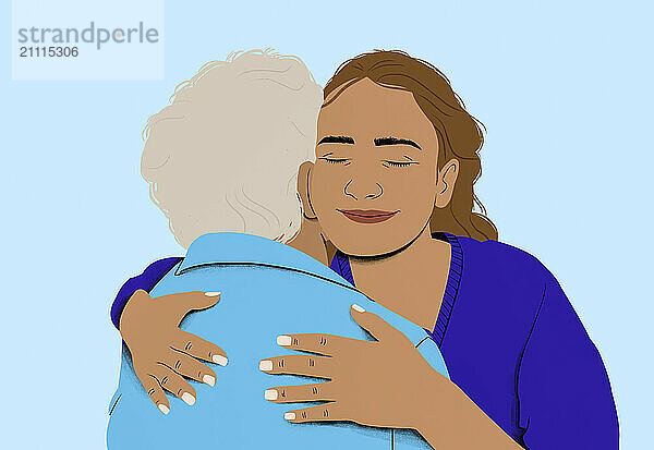 An affectionate embrace between a senior woman and a younger adult woman  both smiling  conveying a sense of love and support.