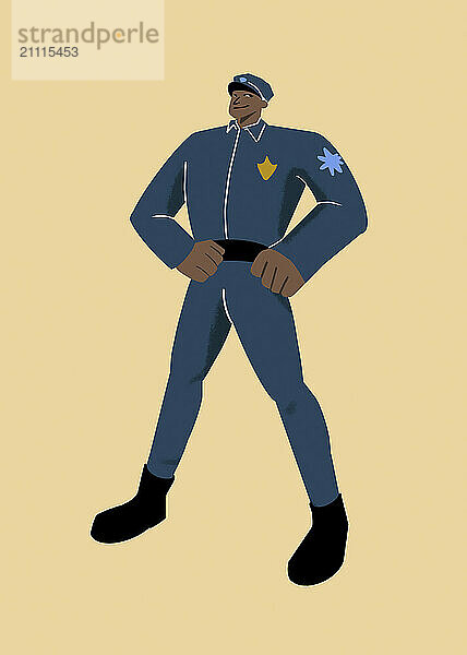 Confident animated male superhero standing with hands on hips against a pale yellow background.