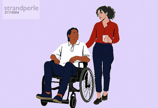 A woman stands beside a man seated in a wheelchair  both engaging in a conversation with positive expressions.