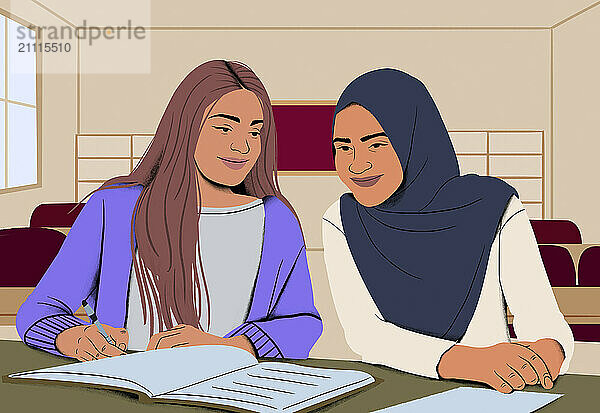 Two women studying together  one wearing a hijab  in a classroom setting.