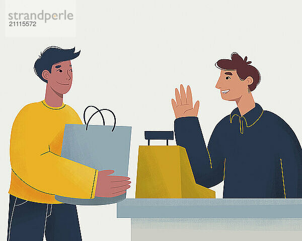 Smiling customer in yellow shirt receiving shopping bags from cheerful cashier at checkout.