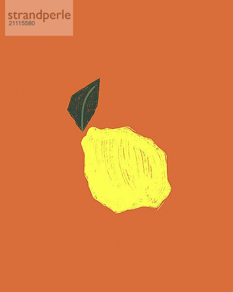 Yellow painted fruit with a single green leaf on a vibrant orange background.