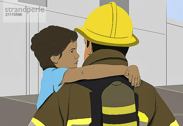 A child hugs a firefighter in full gear in a heartfelt embrace.