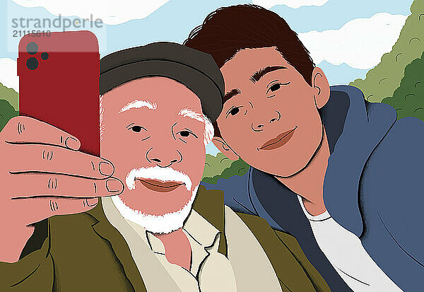 Senior man and young male taking a selfie together outdoors with a smartphone  showcasing an intergenerational bond.