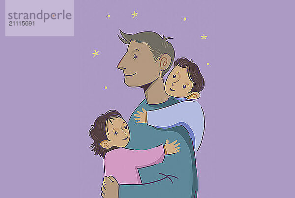 A smiling adult carrying two happy children who are hugging him affectionately against a purple background with stars.