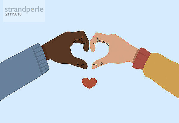 Two hands making a heart shape against a blue background with a small heart in the center.