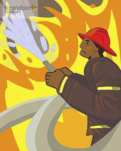 Firefighter battling a blaze with a hose against a backdrop of fierce flames.