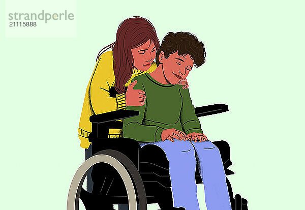 A woman comforting a man in a wheelchair against a pale green background.