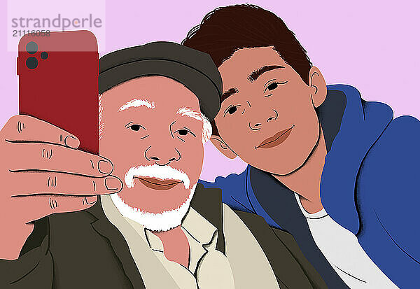 Elderly man with white beard and flat cap takes a selfie with a smiling young man in a blue hoodie using a red smartphone.