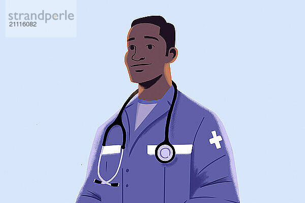 Smiling medical professional with a stethoscope around his neck wearing a blue scrub top.