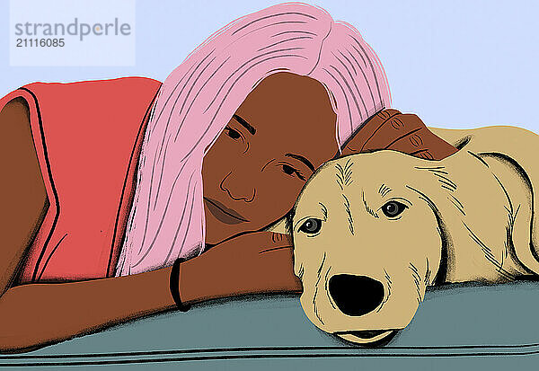 A woman with pink hair is affectionately resting her head on a golden retriever's head  conveying a sense of companionship and tranquility.