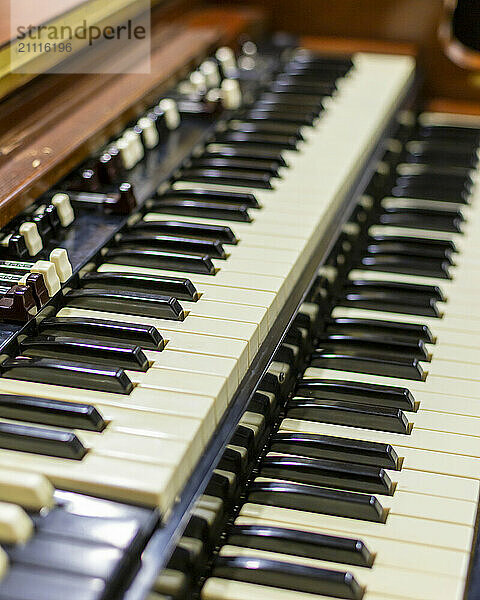 Close-up view of piano keys showing detail and depth of the keyboard.