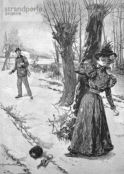 Historische Schwarz-Weiß-Illustration eines Mannes und einer Frau beim Schneeballwerfen im Winter