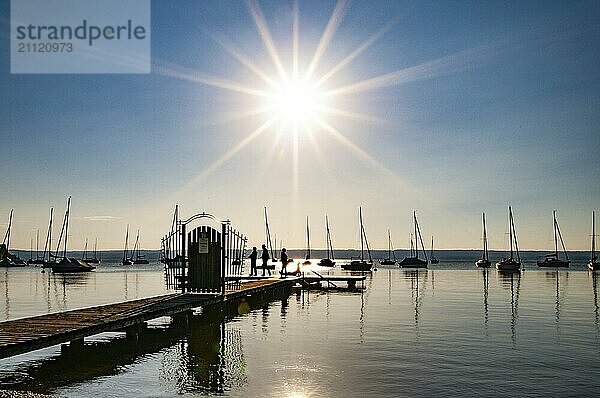 Bootssteg am Ammersee im Gegenlicht  Bayern  Deutschland  Europa