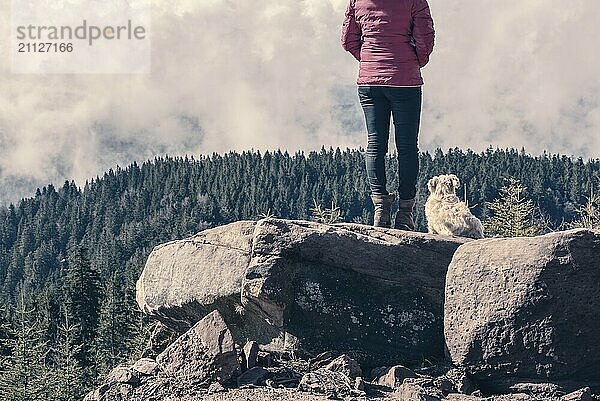 Mädchen in Jeans und rosafarbener Jacke mit ihrem Hund an der Seite auf einem Felsen im Nationalpark Schwarzwald  das die Aussicht auf die bewaldeten Berge genießt